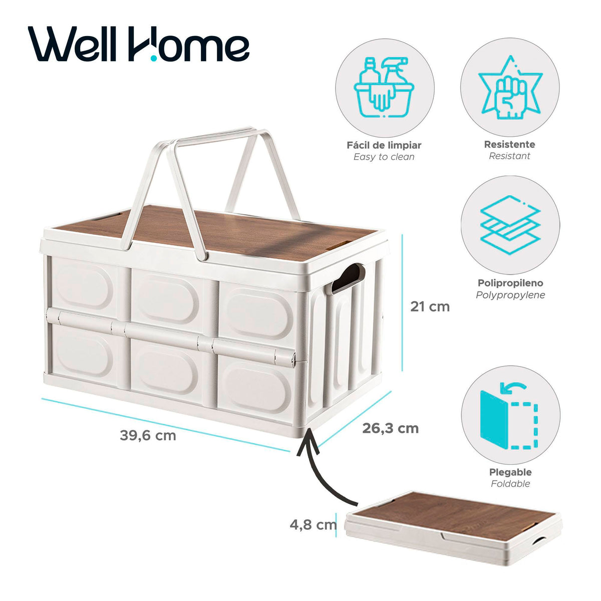 Caja almacenaje plegable Blanco tapa madera 39x26x21cm (2)
