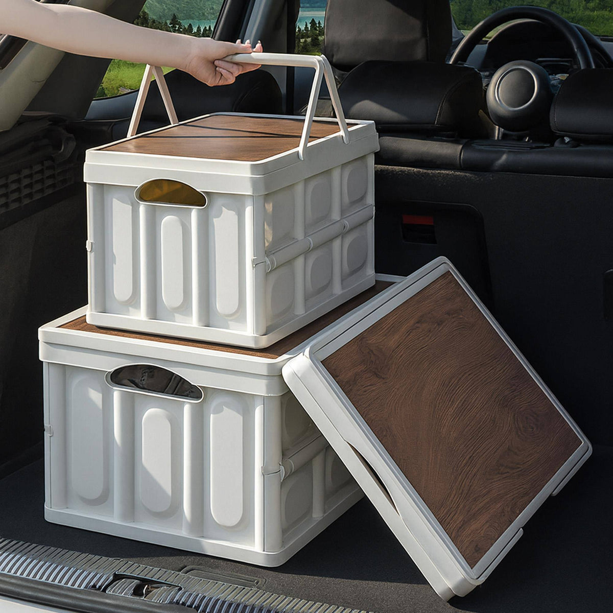Caja almacenaje plegable Blanco tapa madera 39x26x21cm (9)