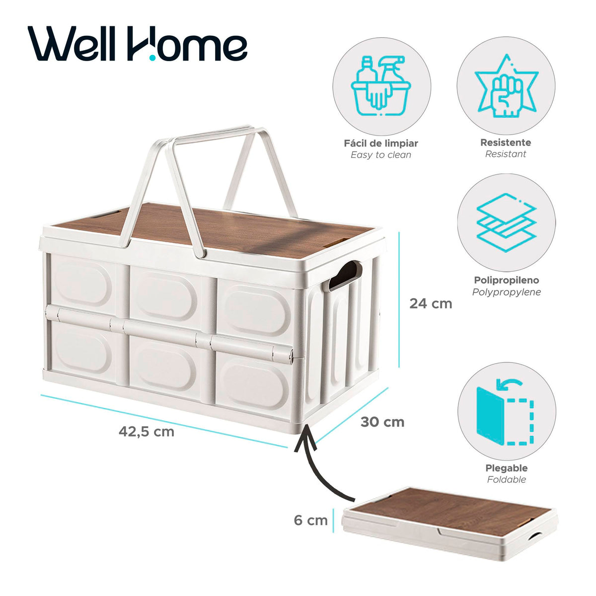 Caja almacenaje plegable Blanco tapa madera 42x30x24cm (2)