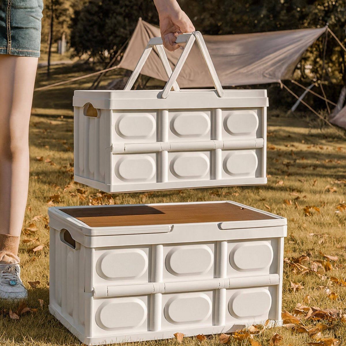 Caja almacenaje plegable Blanco tapa madera 42x30x24cm (4)
