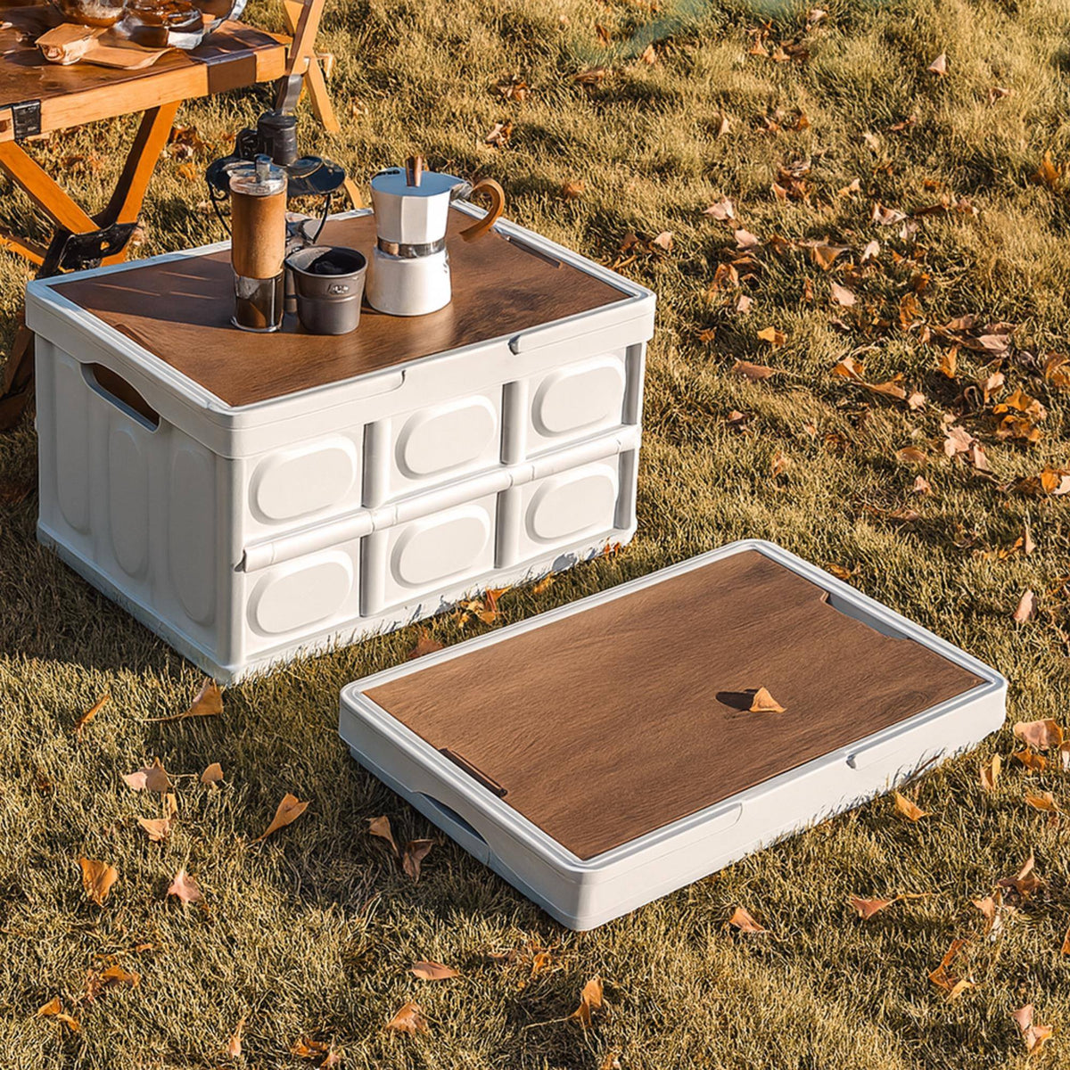 Caja almacenaje plegable Blanco tapa madera 42x30x24cm (5)