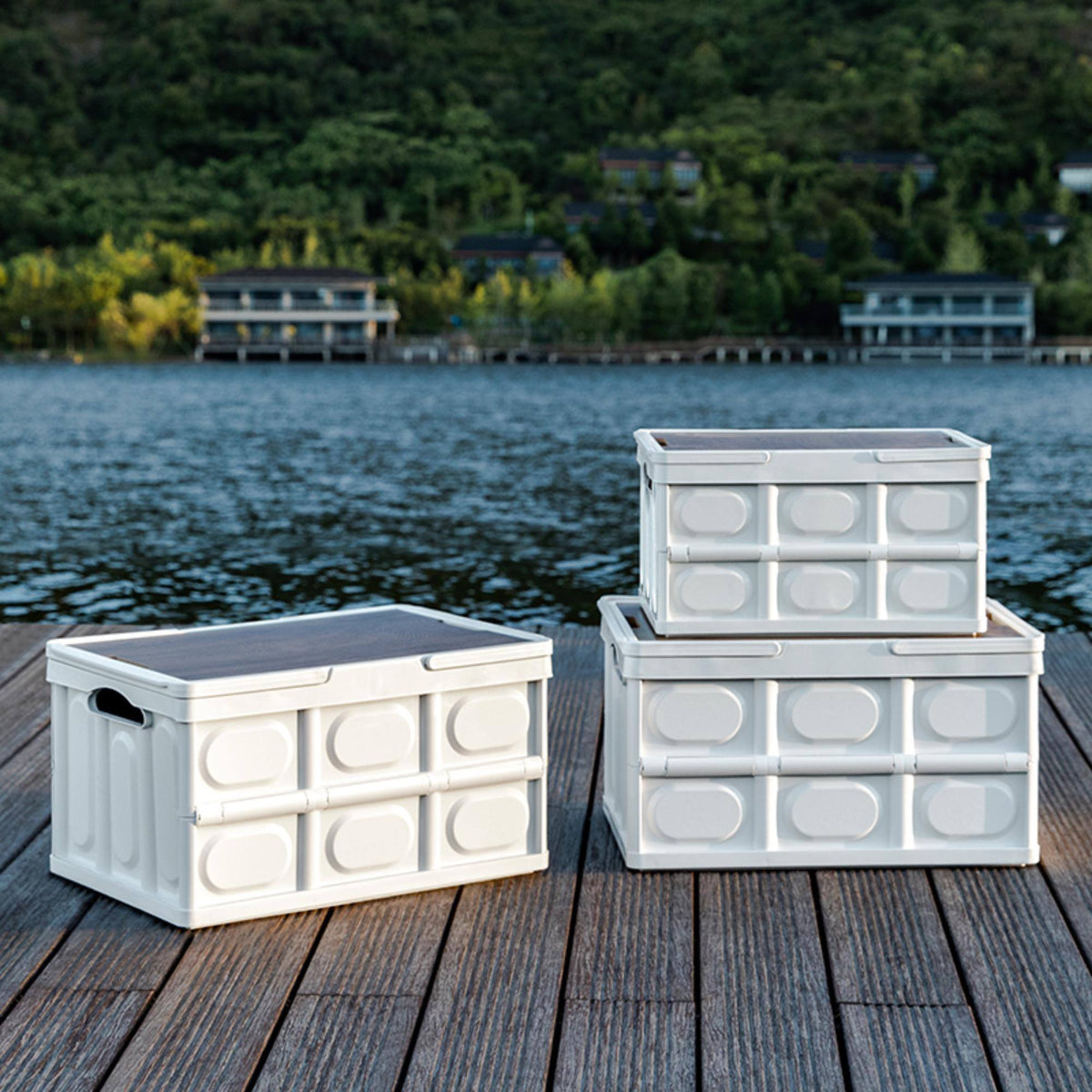 Caja almacenaje plegable Blanco tapa madera 54x36x29cm (11)