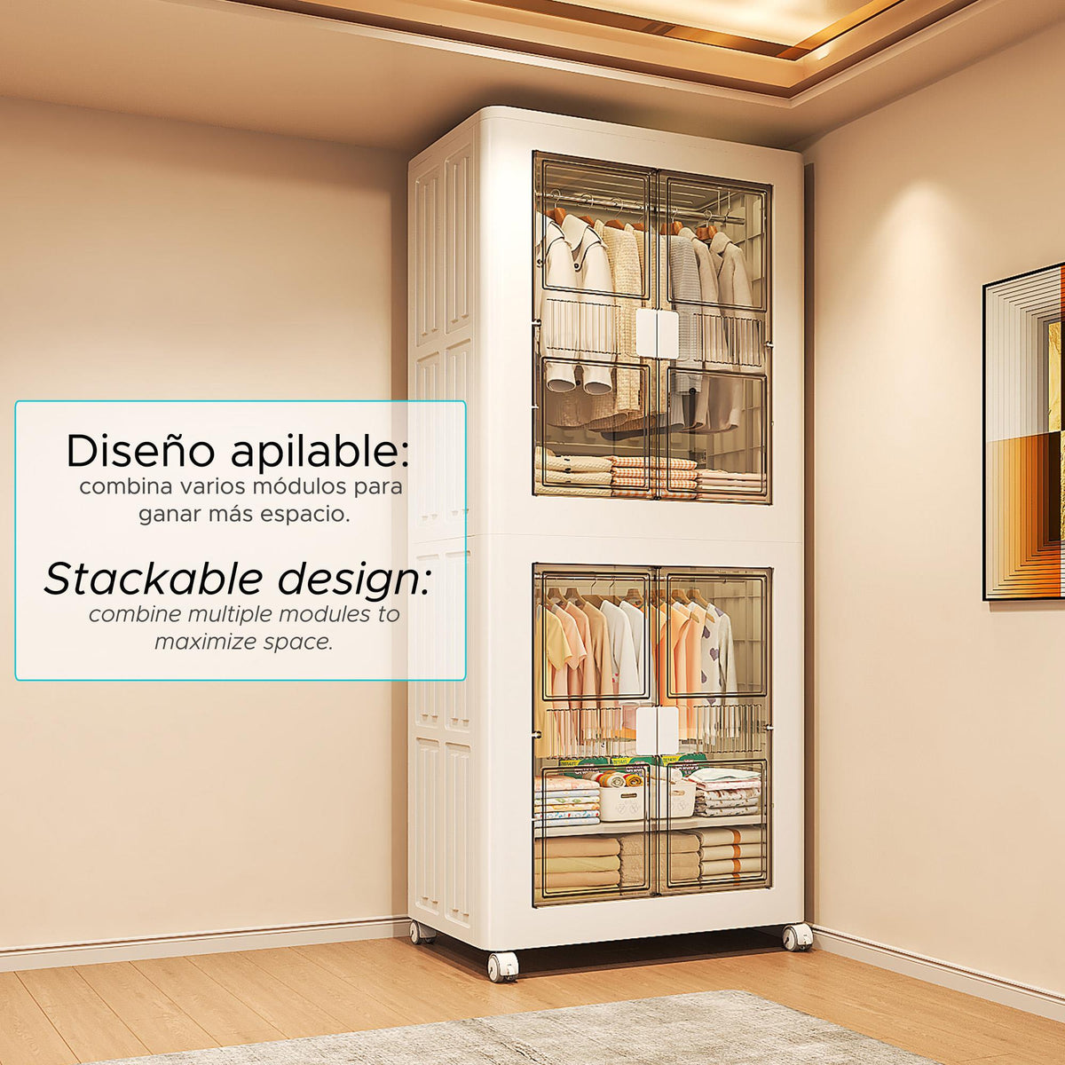 Armario plegable con ruedas 1 compartimento blanco 75x43,5x96,5cm (3)