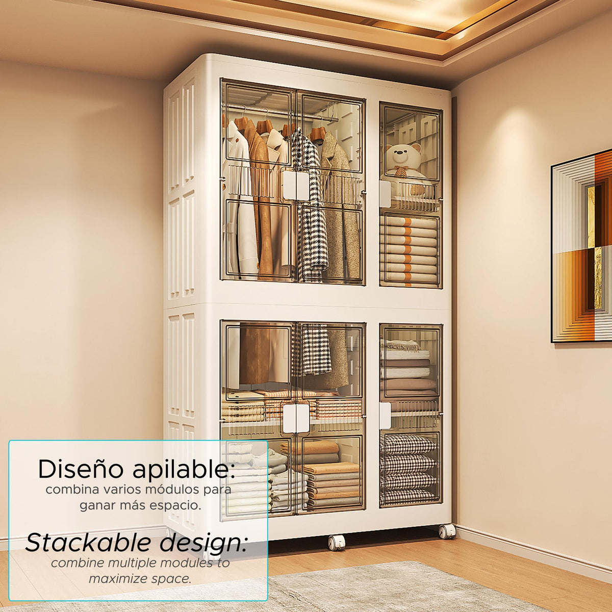 Armario plegable 2 compartimentos con ruedas Blanco 100cm (3)