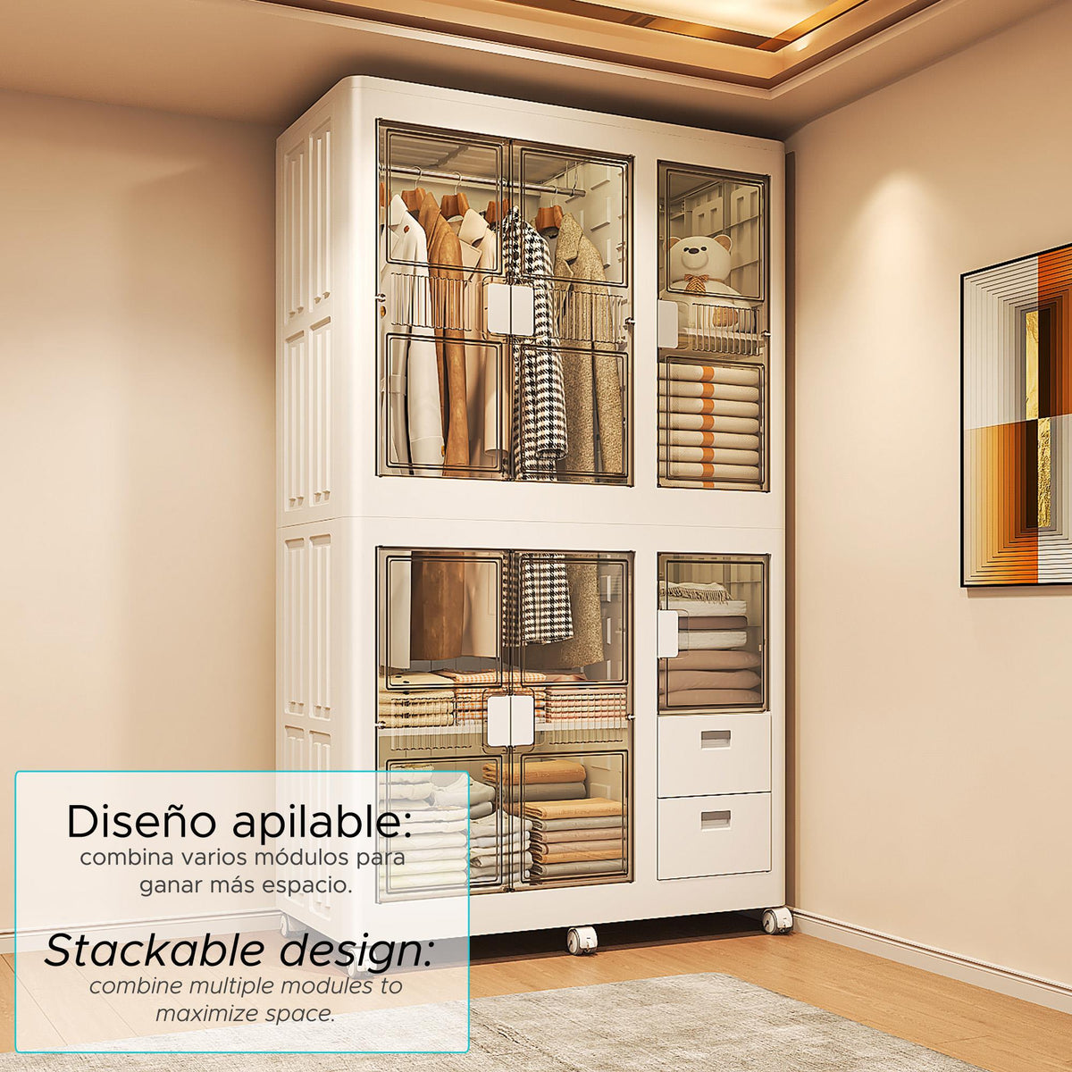 Armario plegable 2 compartim 2 cajones ruedas Blanco (3)
