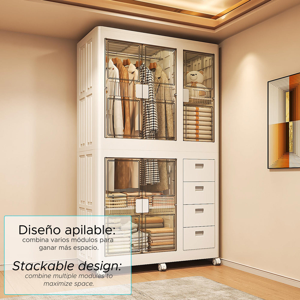 Armario plegable 1 compartim 4 cajones ruedas Blanco (3)