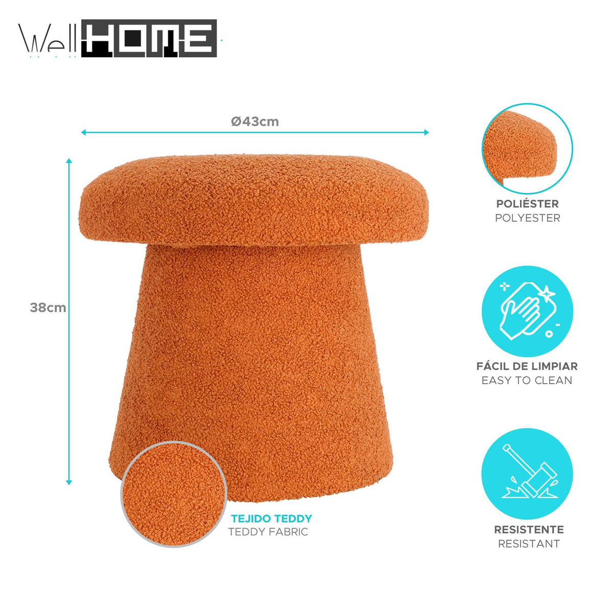 Taburete forma de seta 100% poliéster color marrón Ø43x38cm (2)