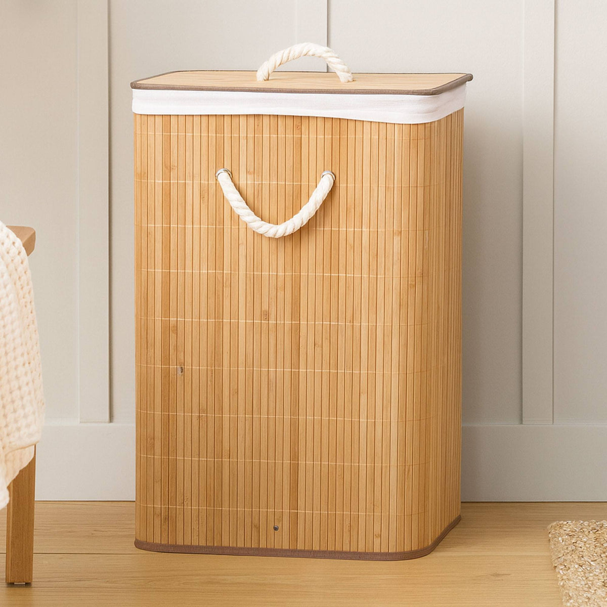 Cesta ropa sucia bambú plegable Marrón algodón 40x30x60 (4)