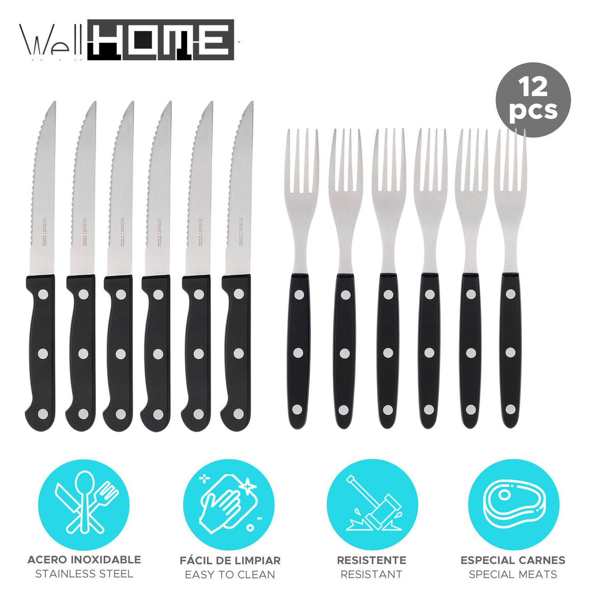 Juego 12 pzs cuchillos y tenedores carne inox negro (2)