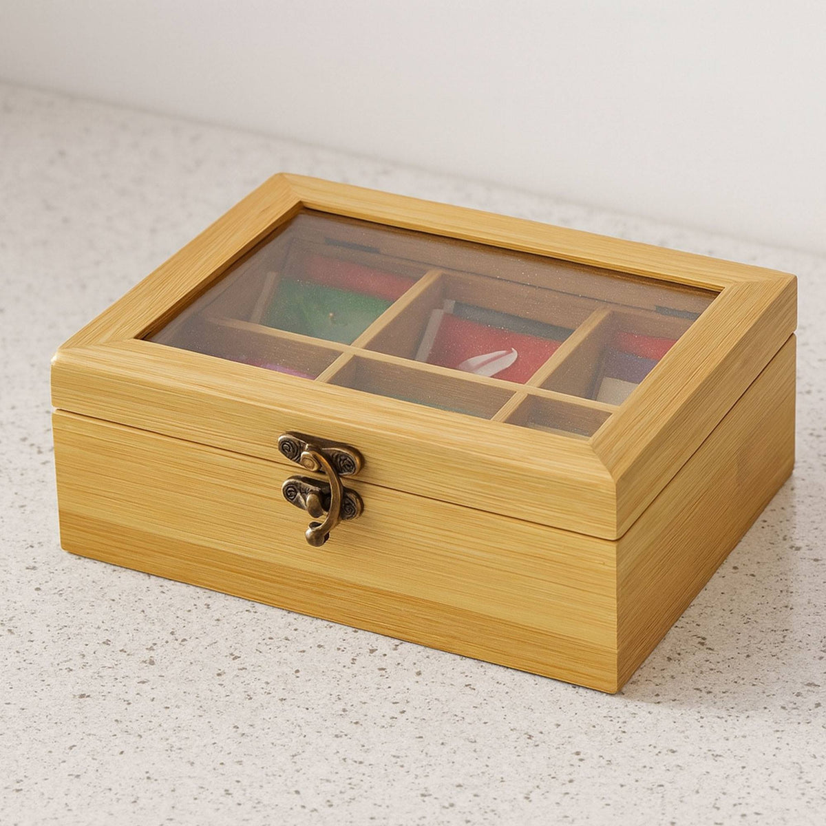 Caja de té bambú 6 compartimentos tapa transparente 21cm (4)