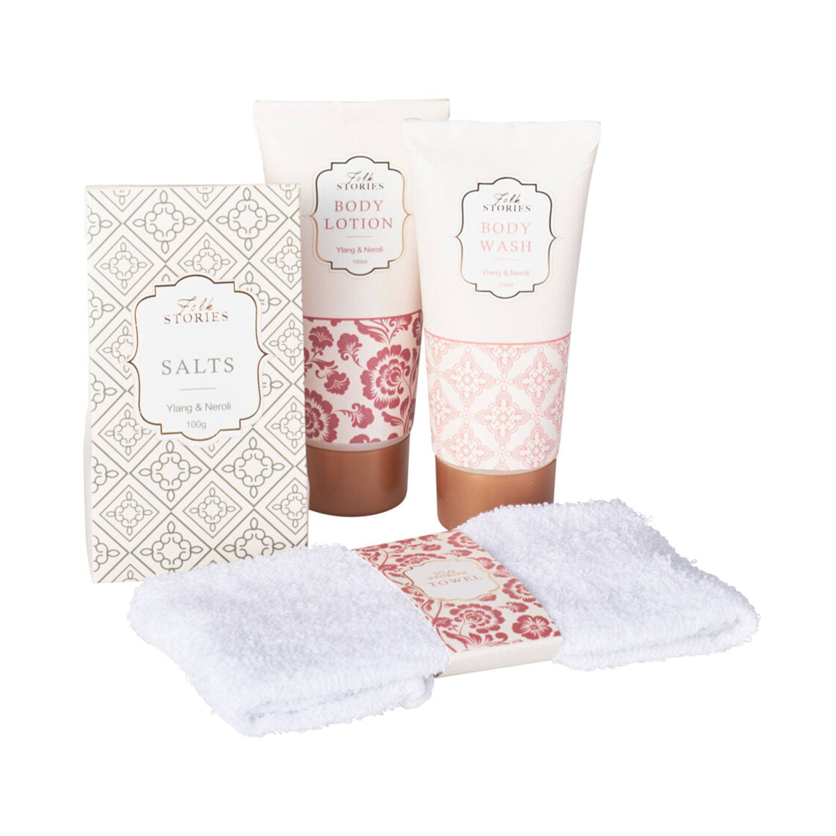 Set de baño 4 pzs toalla, gel, loción corporal y sales de baño