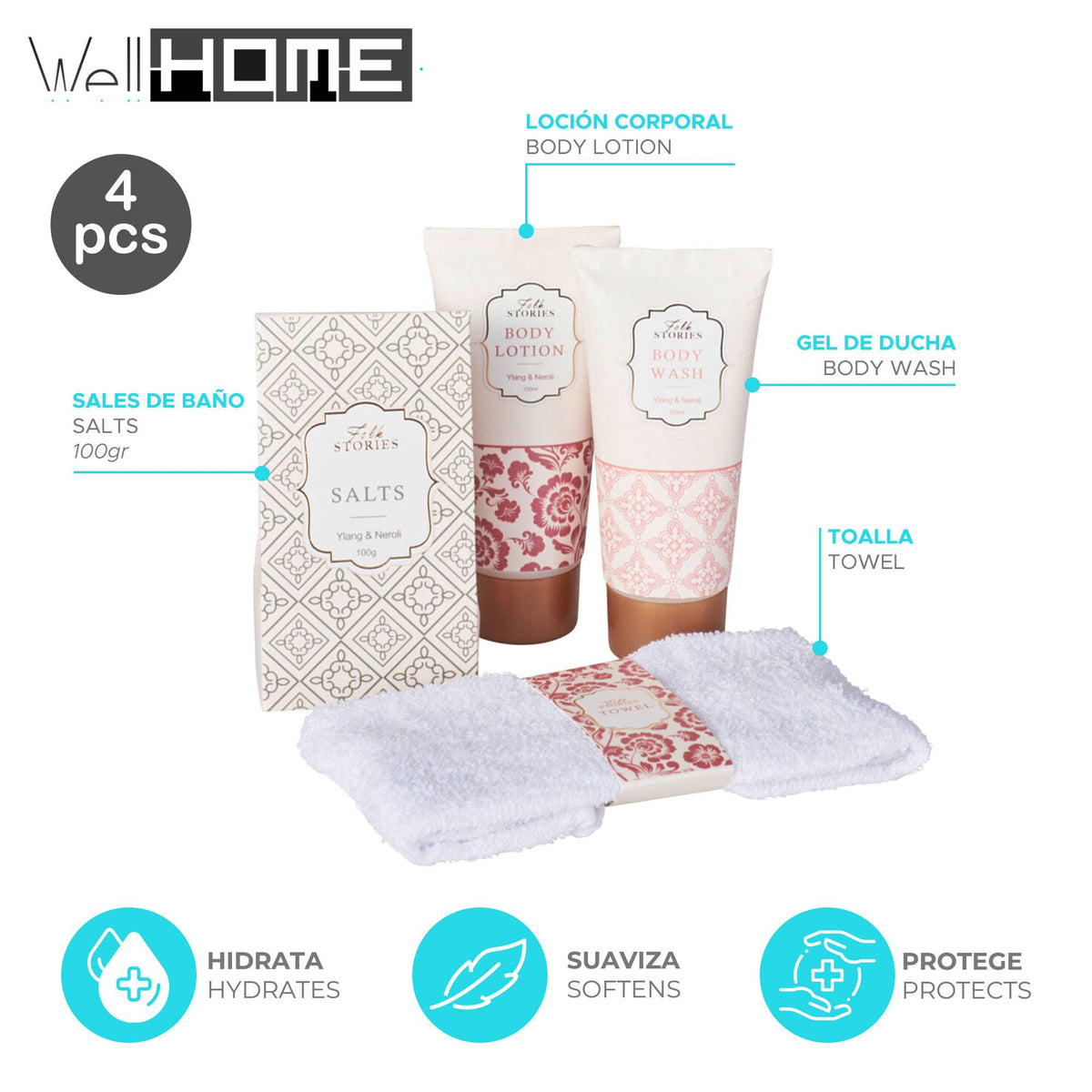 Set de baño 4 pzs toalla, gel, loción corporal y sales de baño (2)