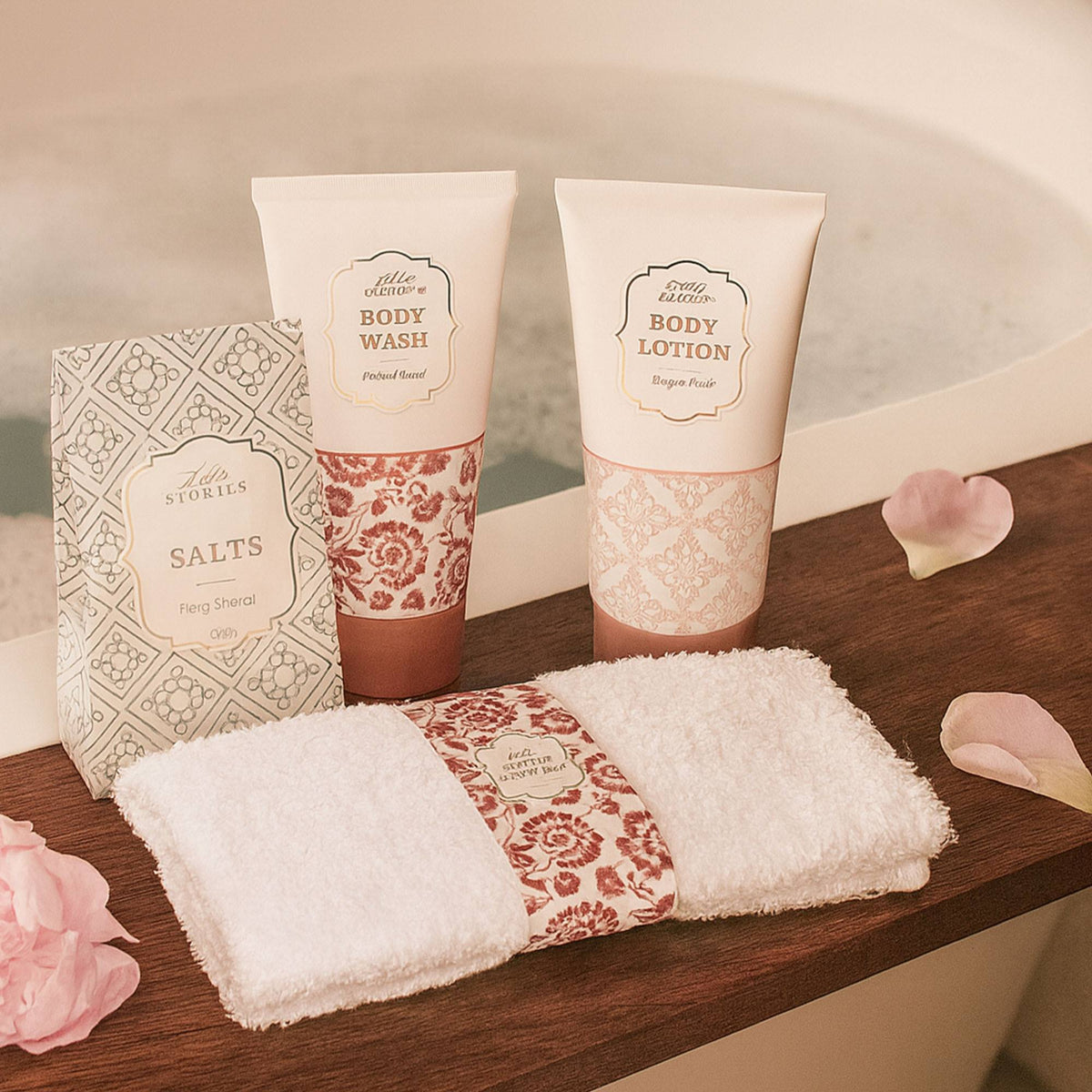 Set de baño 4 pzs toalla, gel, loción corporal y sales de baño (4)