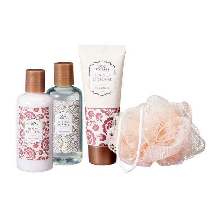 Set baño 5 pzs gel loción crema puff bolsa floral 100ml