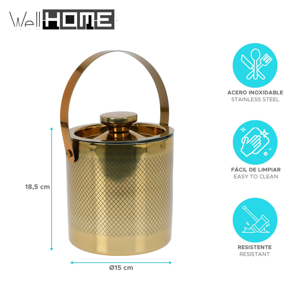 Cubitera inox con tapa y pinzas dorado Ø15x18,5cm (2)