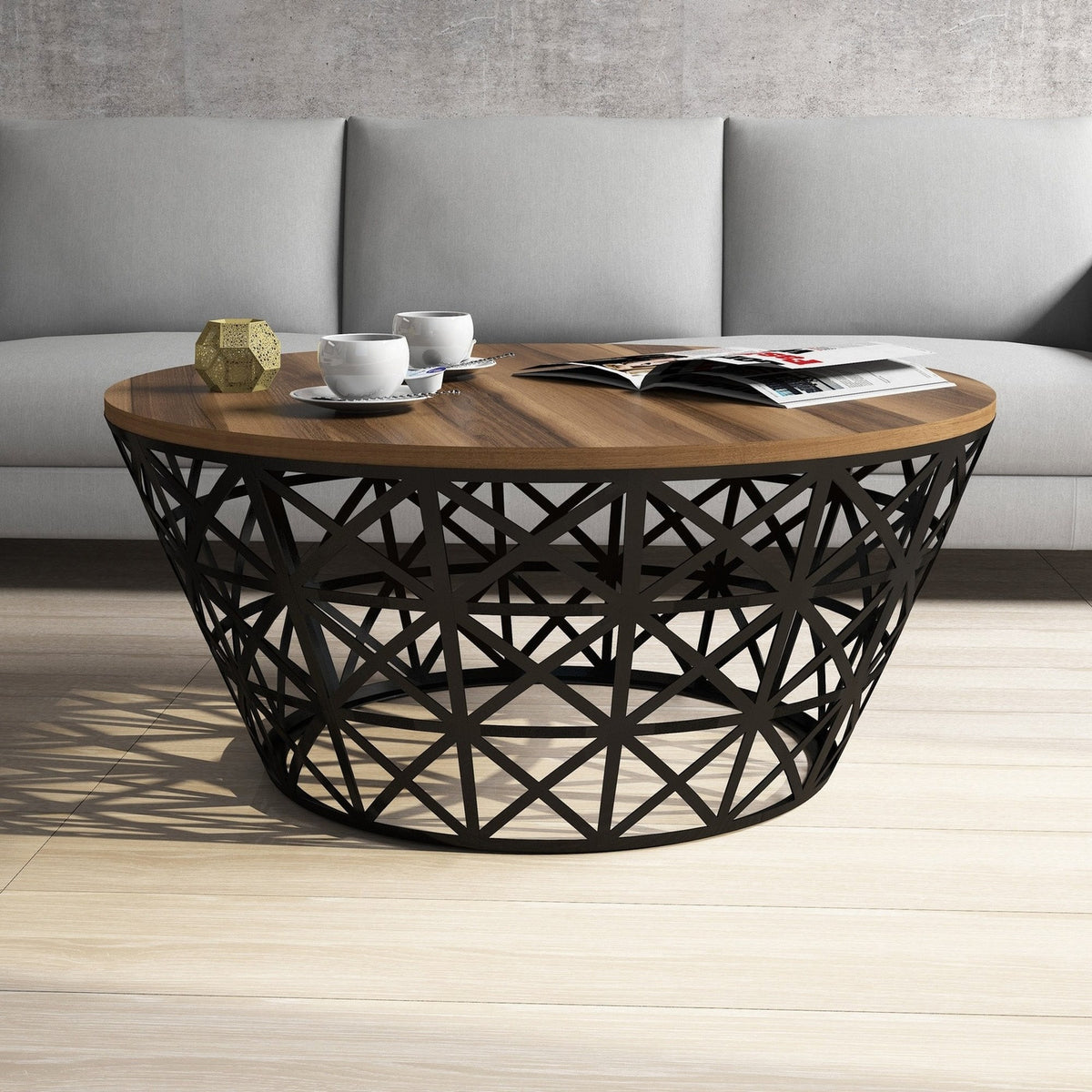 Mesa de centro melamina Ø90x38 cm nogal y negro (4)