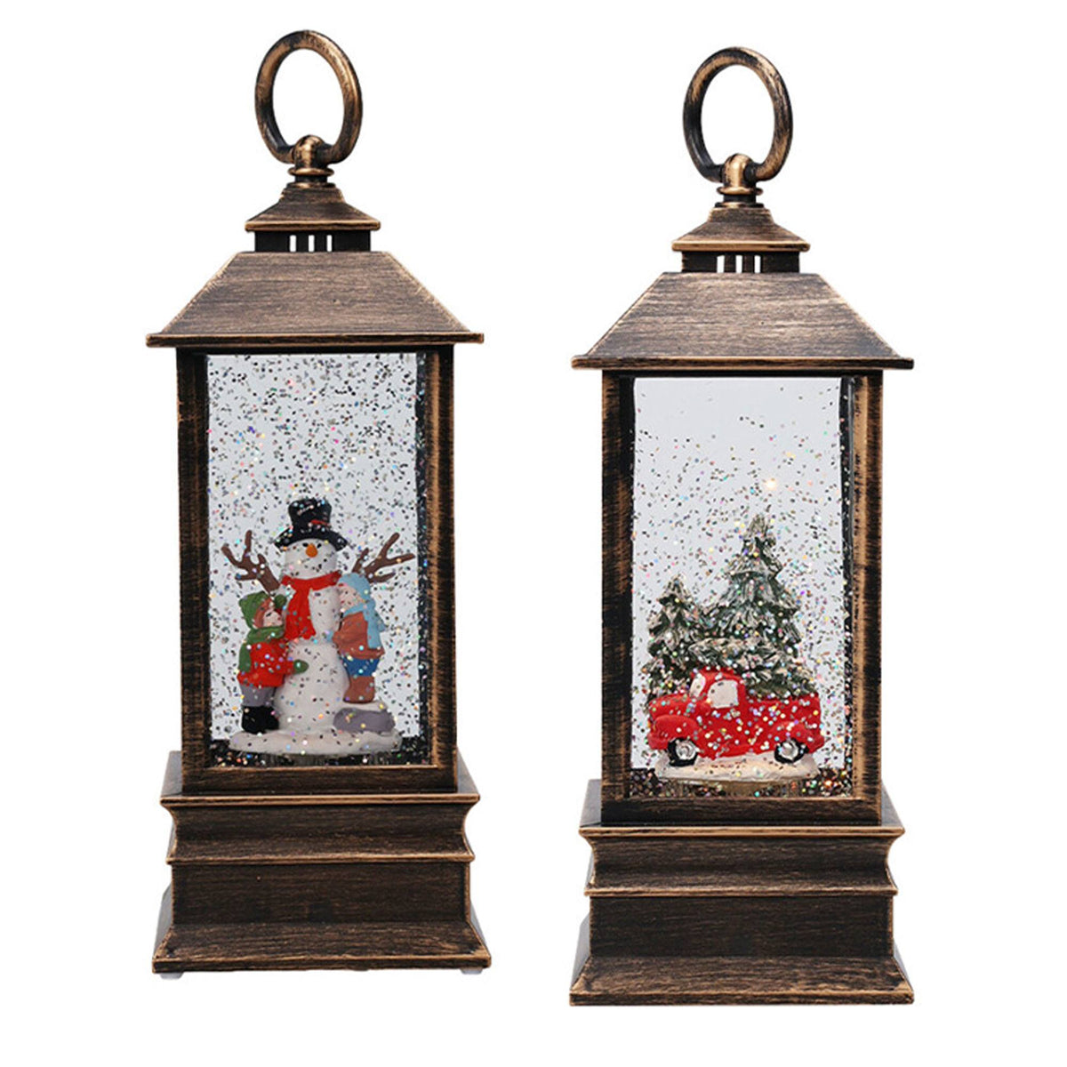 Farol navideño decorativo agua y purpurina luces LED 9x9x22,5cm