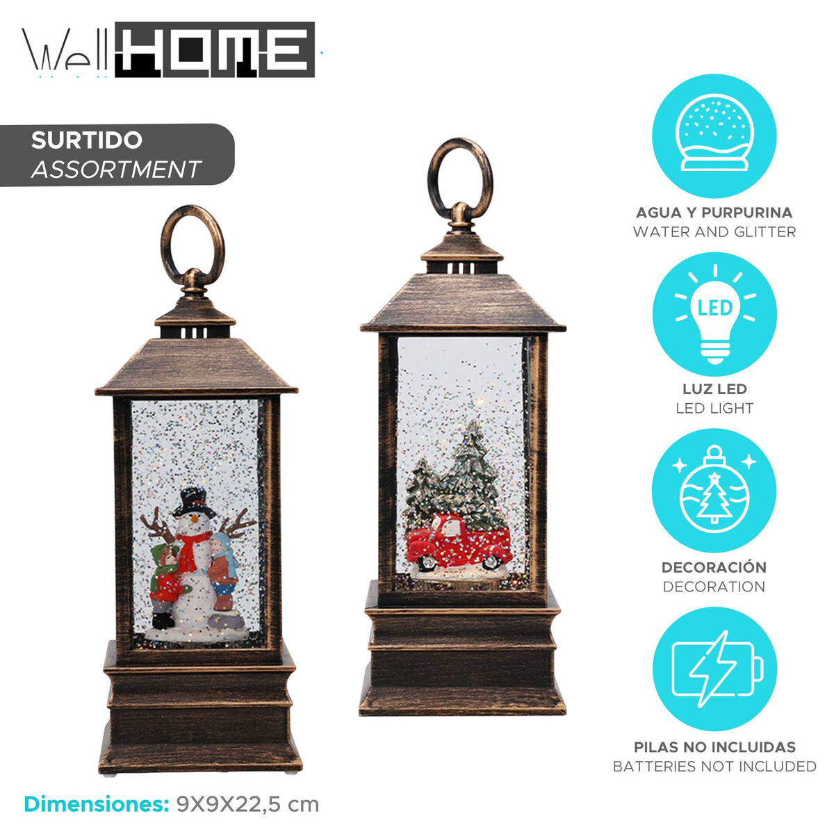 Farol navideño decorativo agua y purpurina luces LED 9x9x22,5cm (2)