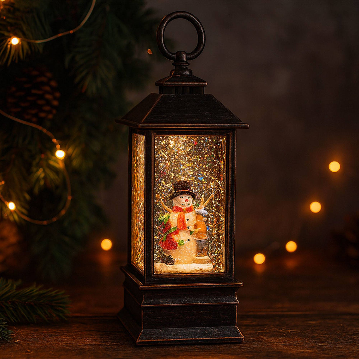 Farol navideño decorativo agua y purpurina luces LED 9x9x22,5cm (3)