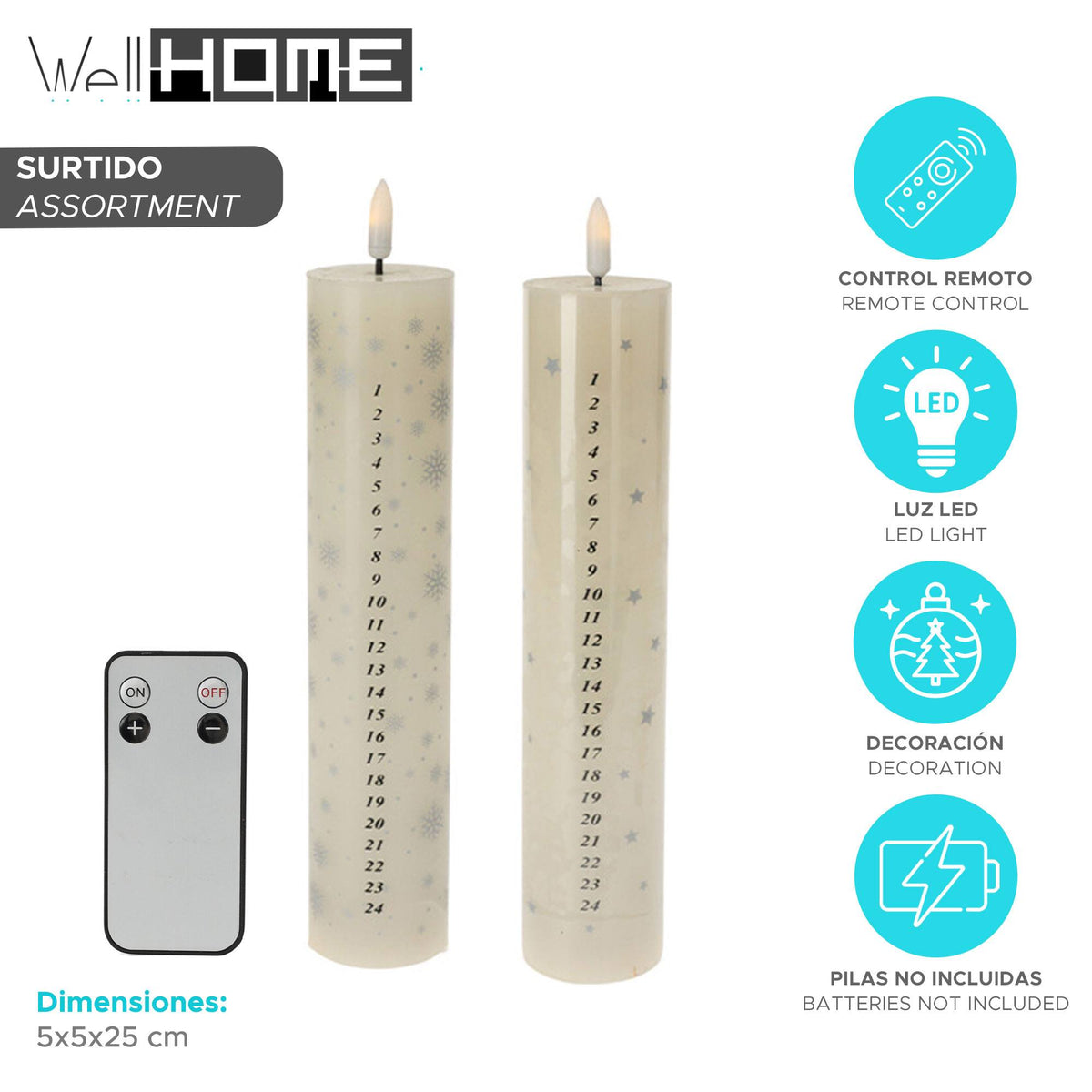 Vela adviento LED control remoto llama cálida Ø5x25cm (2)
