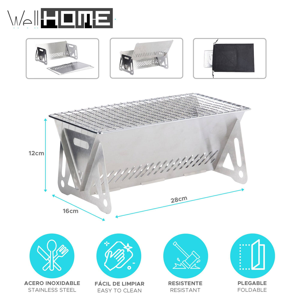 Barbacoa mini plegable inox y parrilla cromada 28x16cm (2)