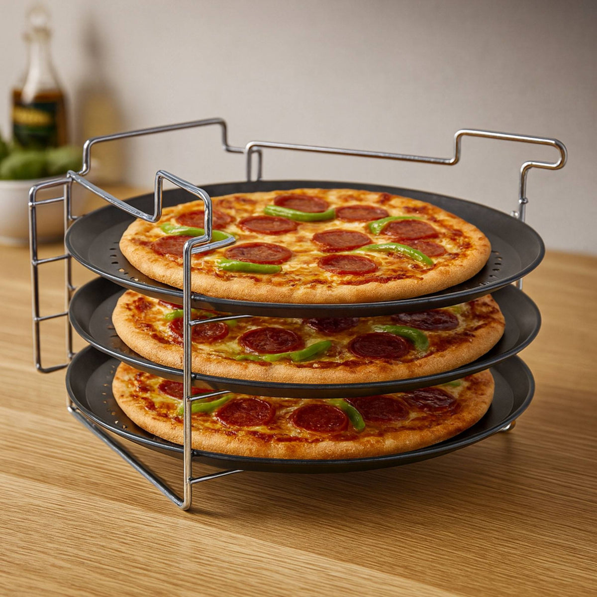 Juego de horneado de pizza 4 pzs soporte alambre y 3 bandejas (4)