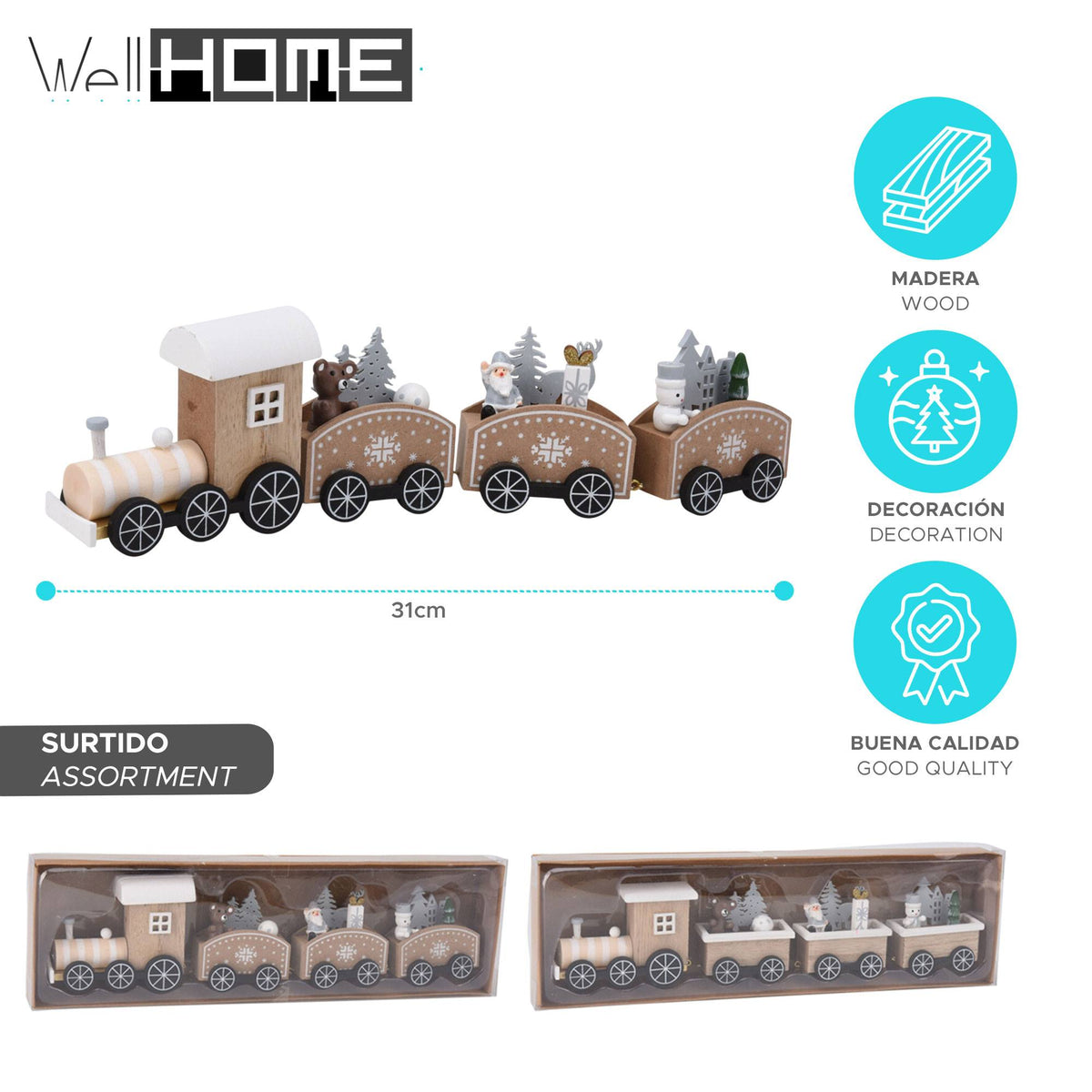 Juego de tren de madera natural 31x7,5x3,5cm 2 diseños surtido (2)