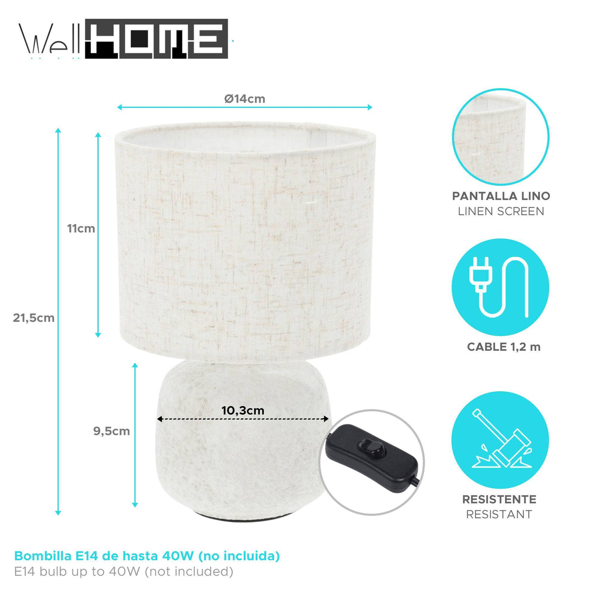 Lámpara de mesa de gres E14 40W color blanco roto H.21,5cm (2)