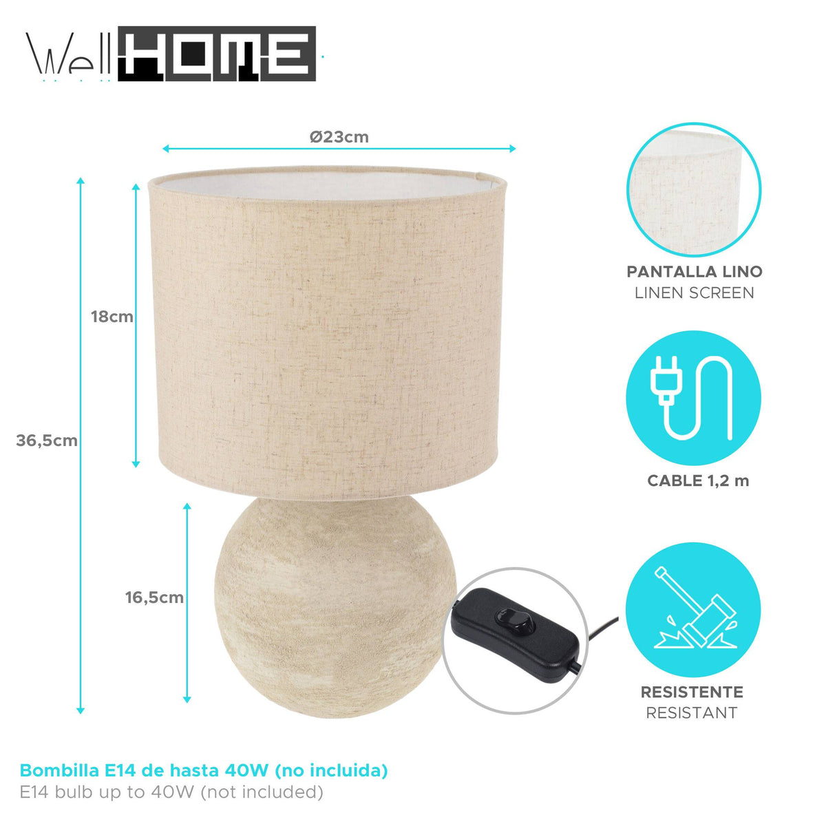 Lámpara de mesa de gres E14 40W color arena H.36,5cm (2)