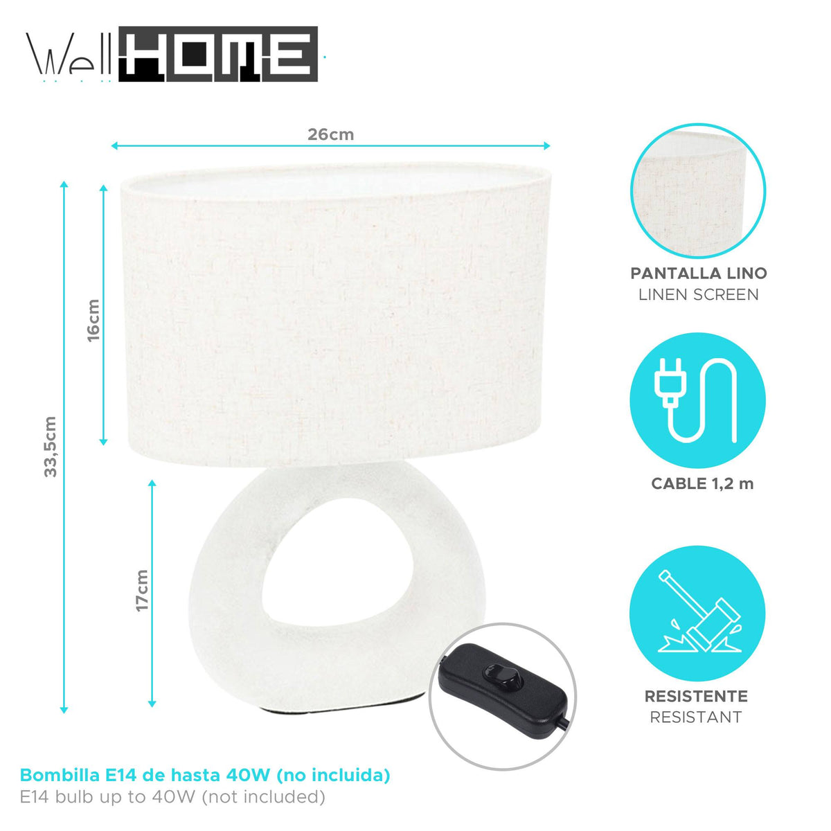Lámpara de mesa gres con pantalla lino blanco roto E14 40W H34cm (2)
