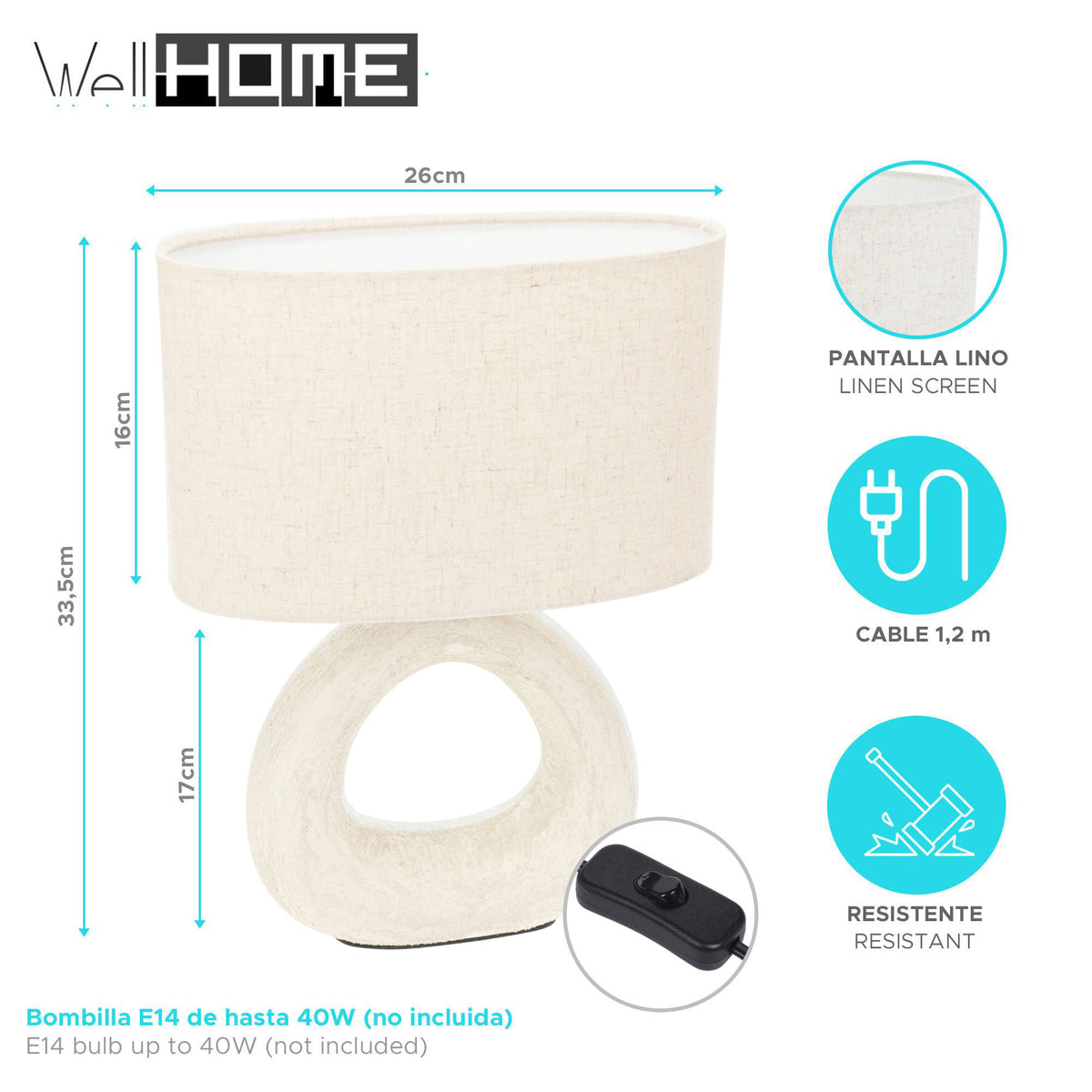 Lámpara de mesa gres con pantalla lino arena E14 40W H34cm (2)