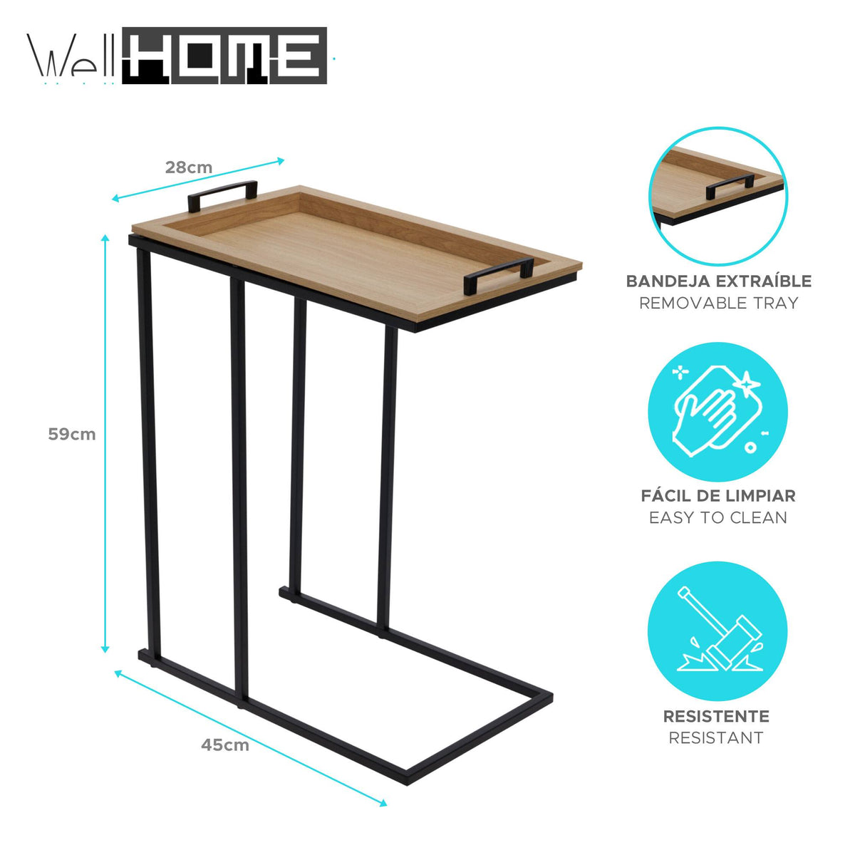 Mesa auxiliar con bandeja extraíble estructura negra 45x28x59cm (2)