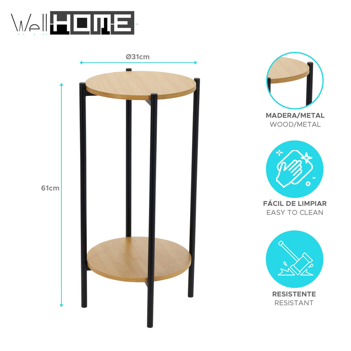 Mesa auxiliar 2 niveles metal negro tablero MDF Ø31x61 cm (2)