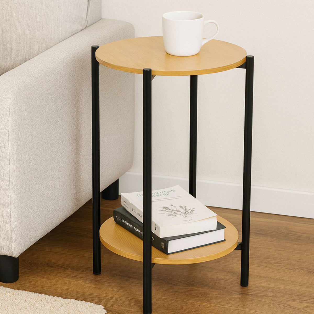 Mesa auxiliar 2 niveles metal negro tablero MDF Ø31x61 cm (3)