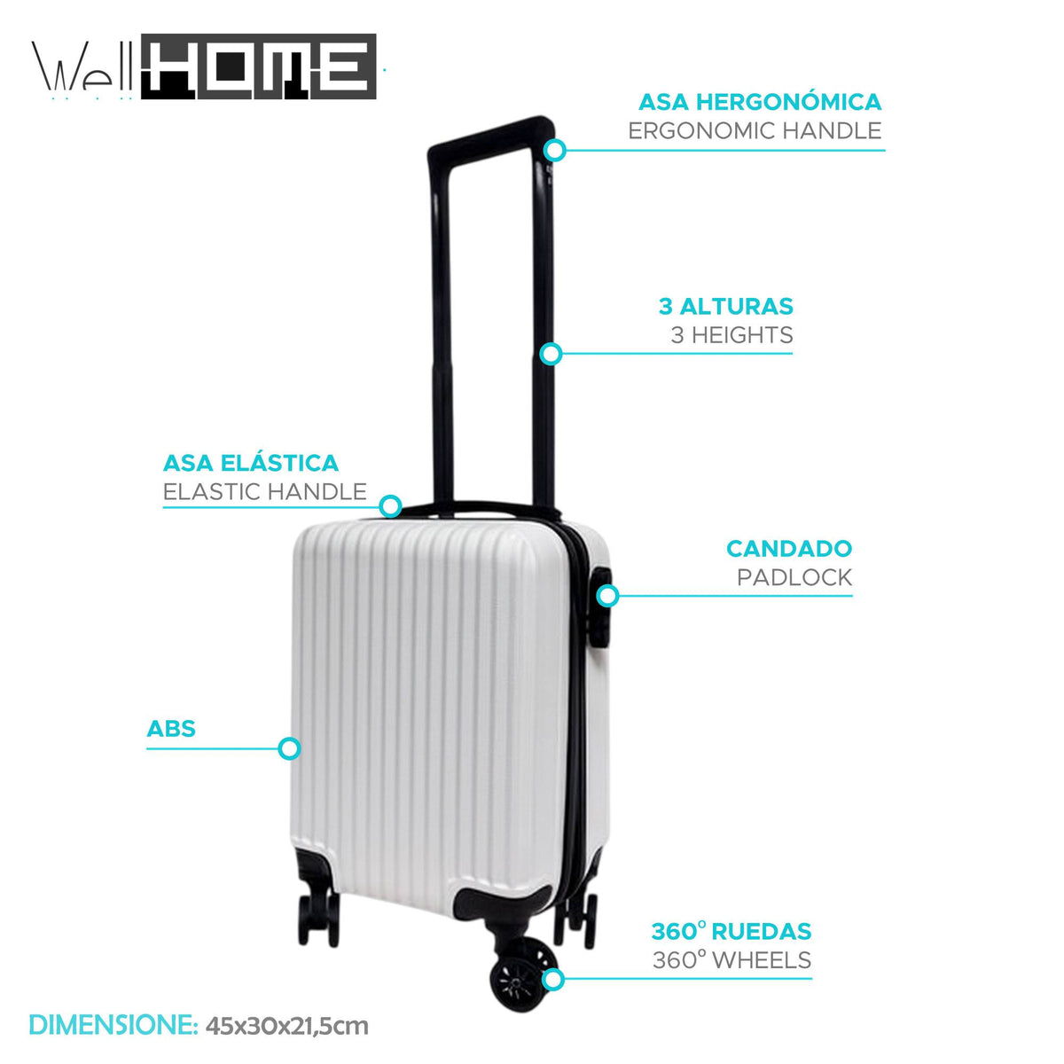 Maleta de cabina blanca 16'' 45x30x21,5cm ABS 4 ruedas giratorias (2)