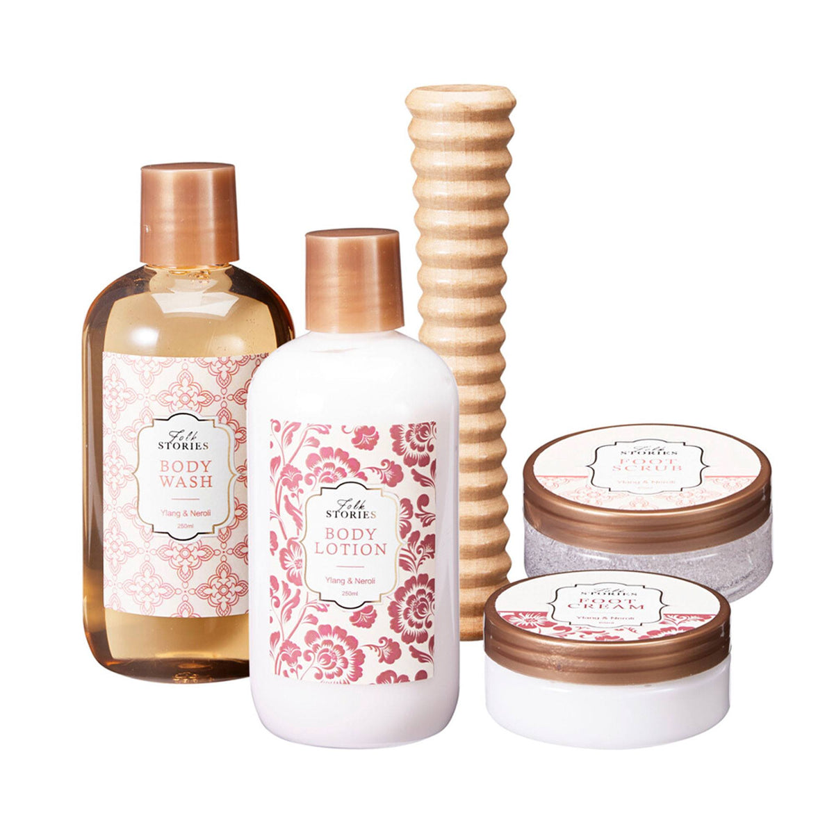 Set baño 5 pzs gel loción exfoliante crema masajeador