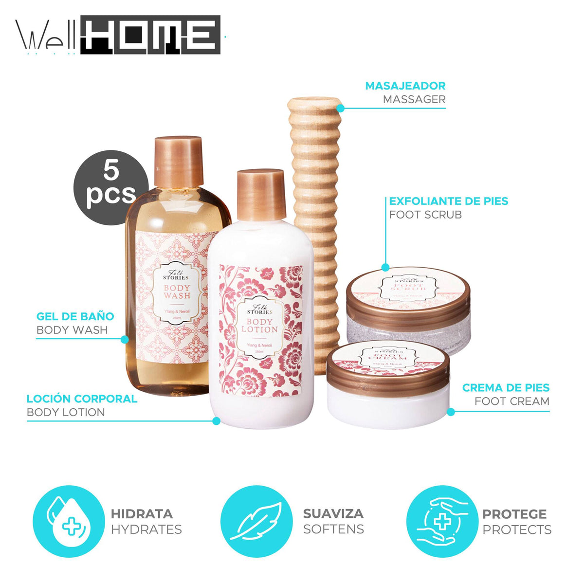 Set baño 5 pzs gel loción exfoliante crema masajeador (2)