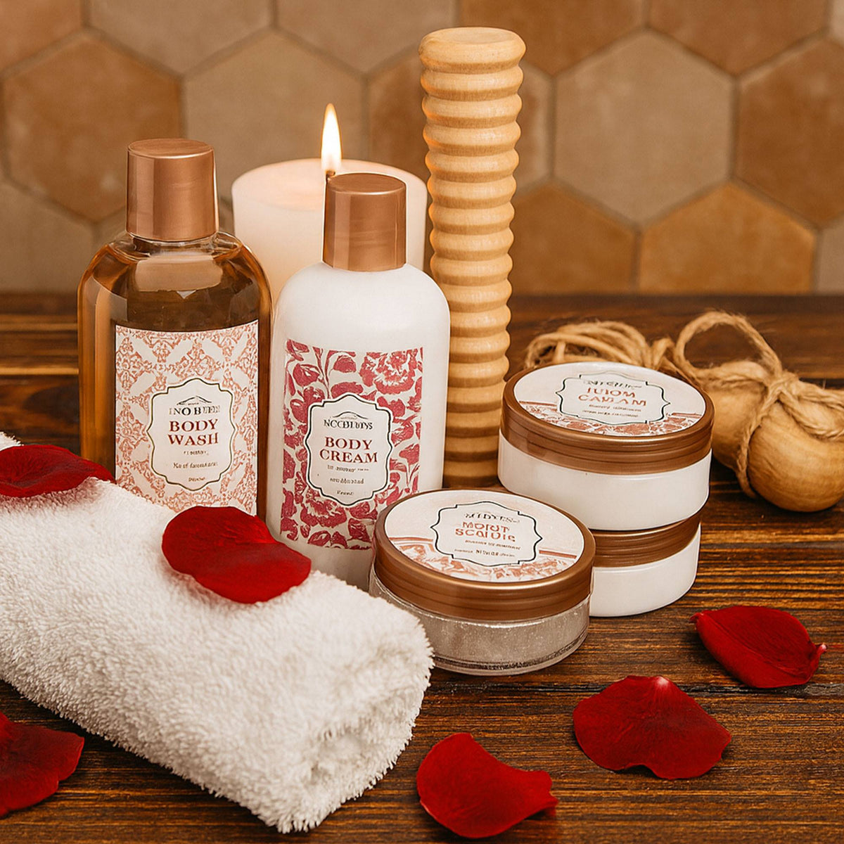 Set baño 5 pzs gel loción exfoliante crema masajeador (4)