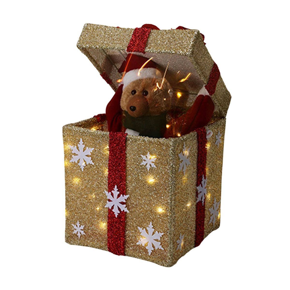 Caja regalo navideña dorada música 50 LED cálidas 25x50cm