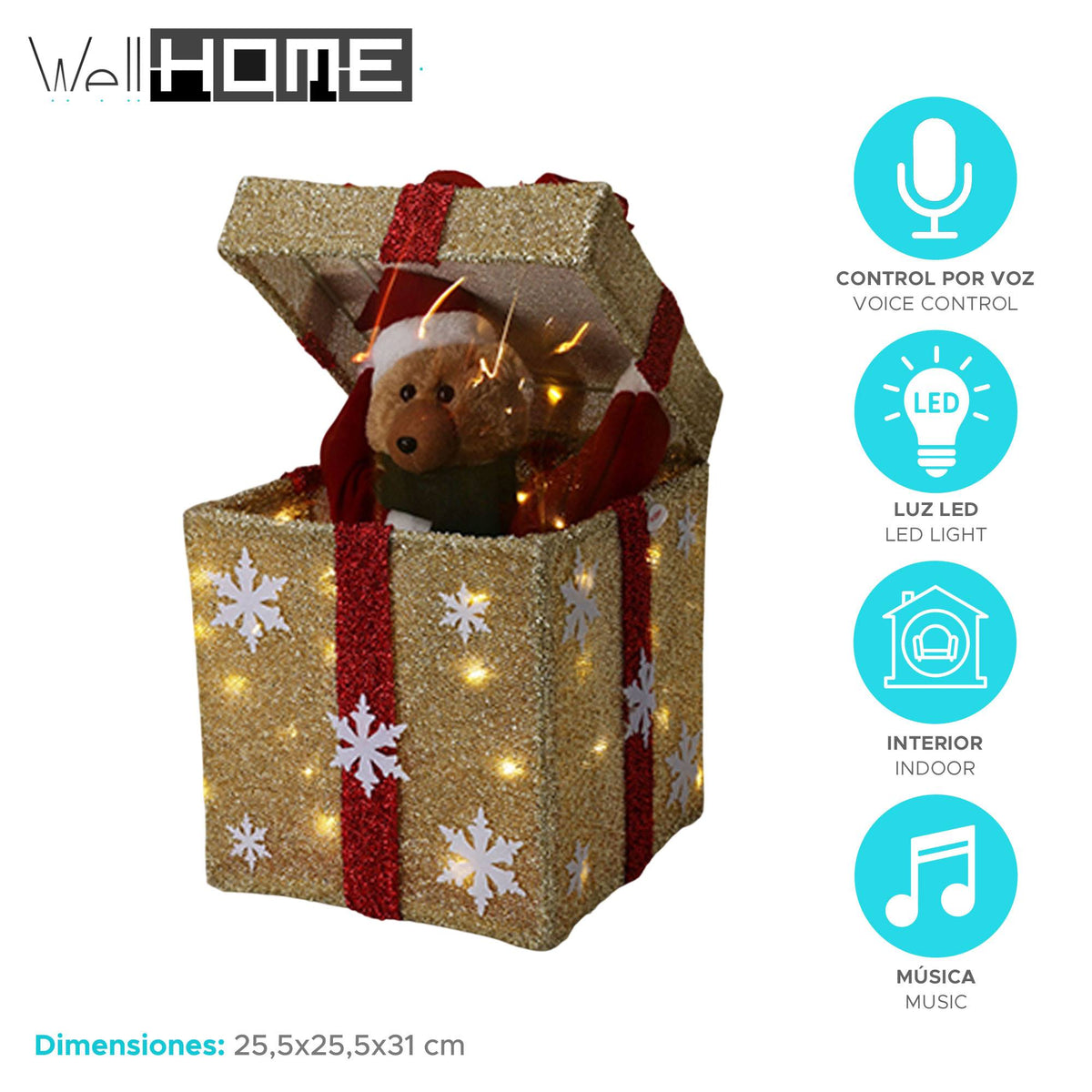 Caja regalo navideña dorada música 50 LED cálidas 25x50cm (2)