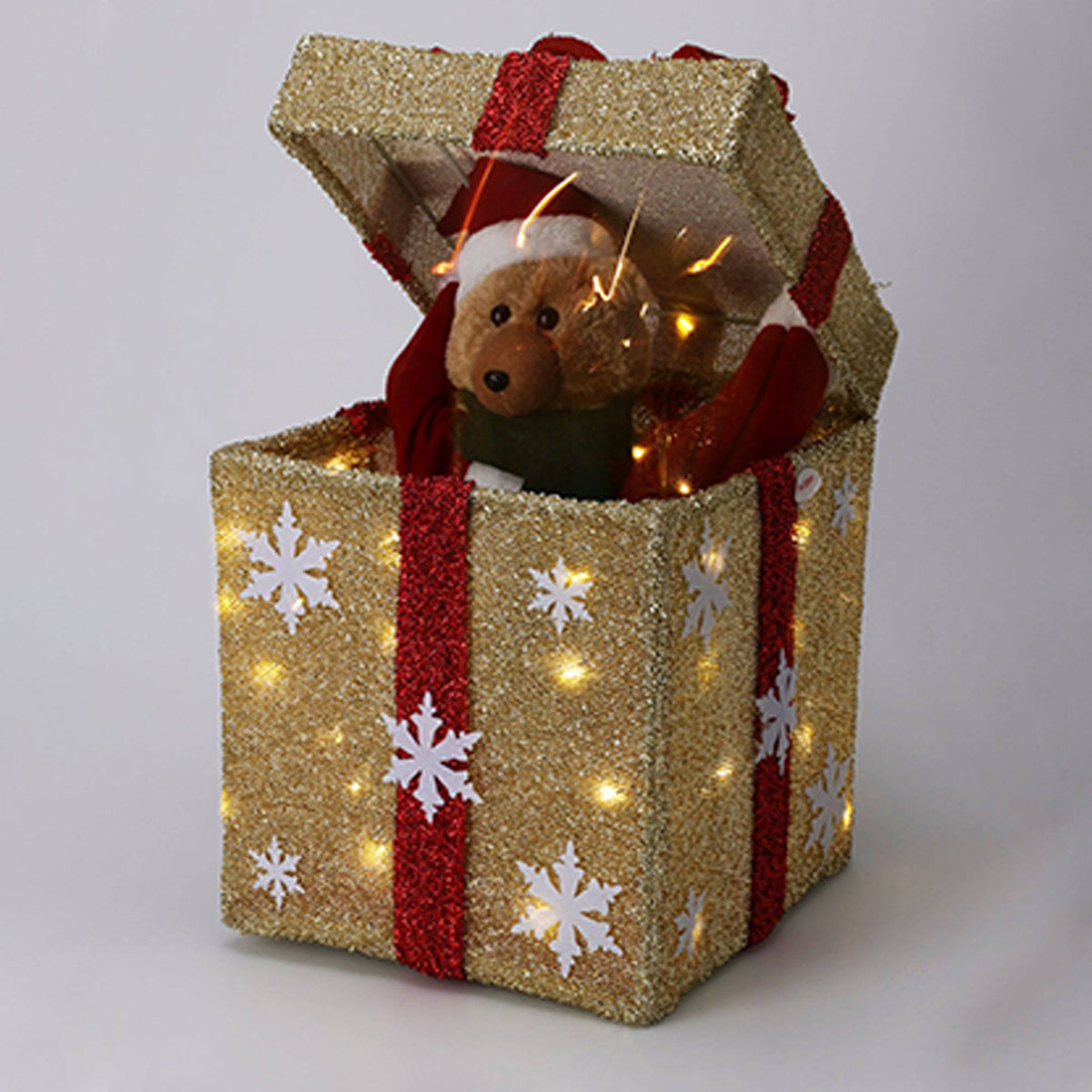 Caja regalo navideña dorada música 50 LED cálidas 25x50cm (3)
