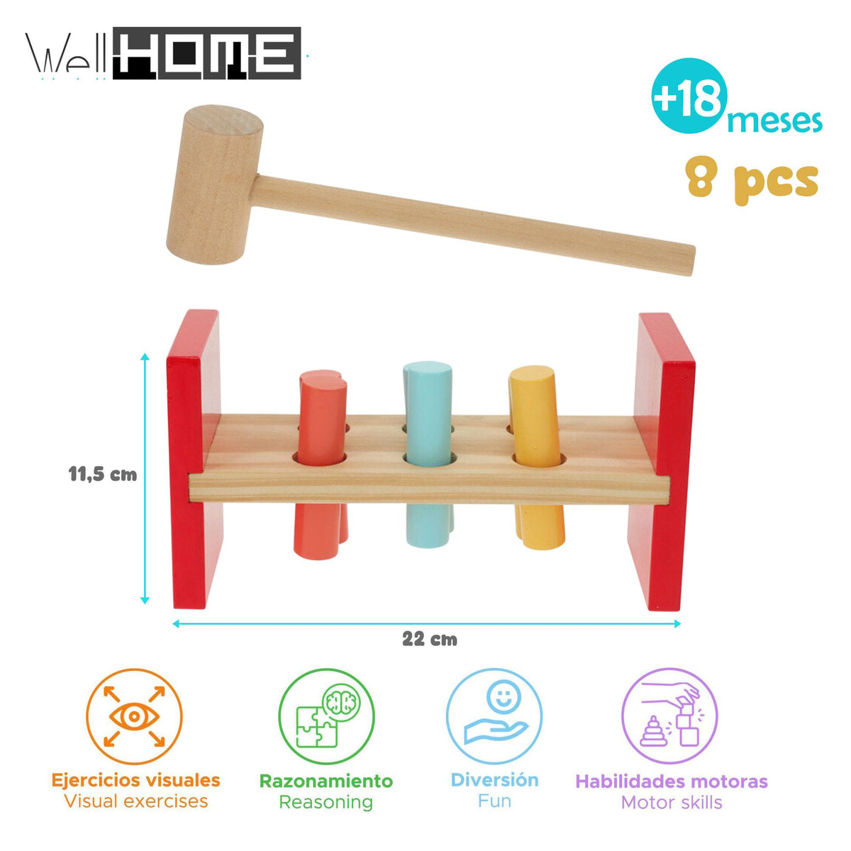 Banco martillos infantil madera pino 6 palos 22x7x11cm (2)