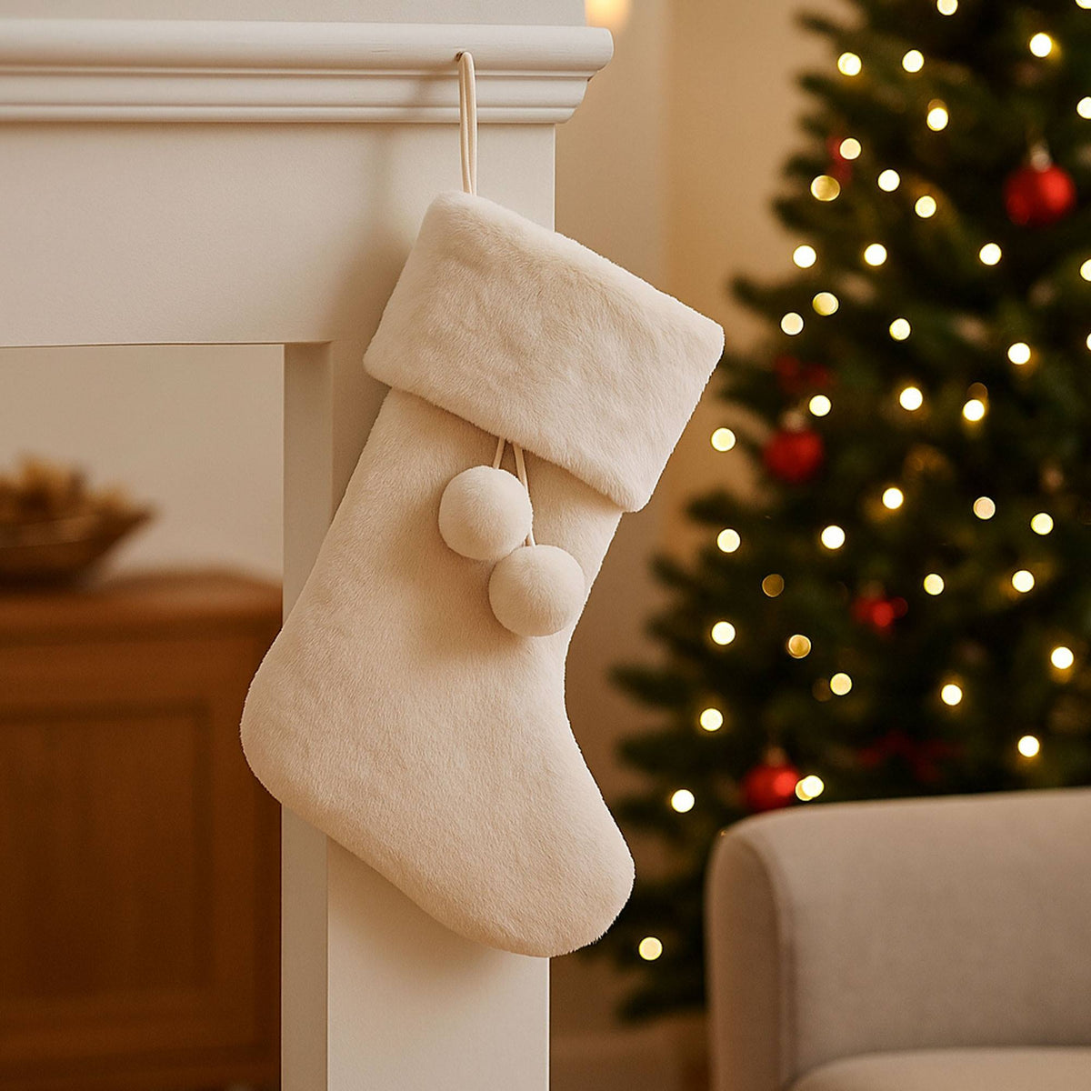 Calcetín navideño blanco piel sintética 45cm chimenea (4)