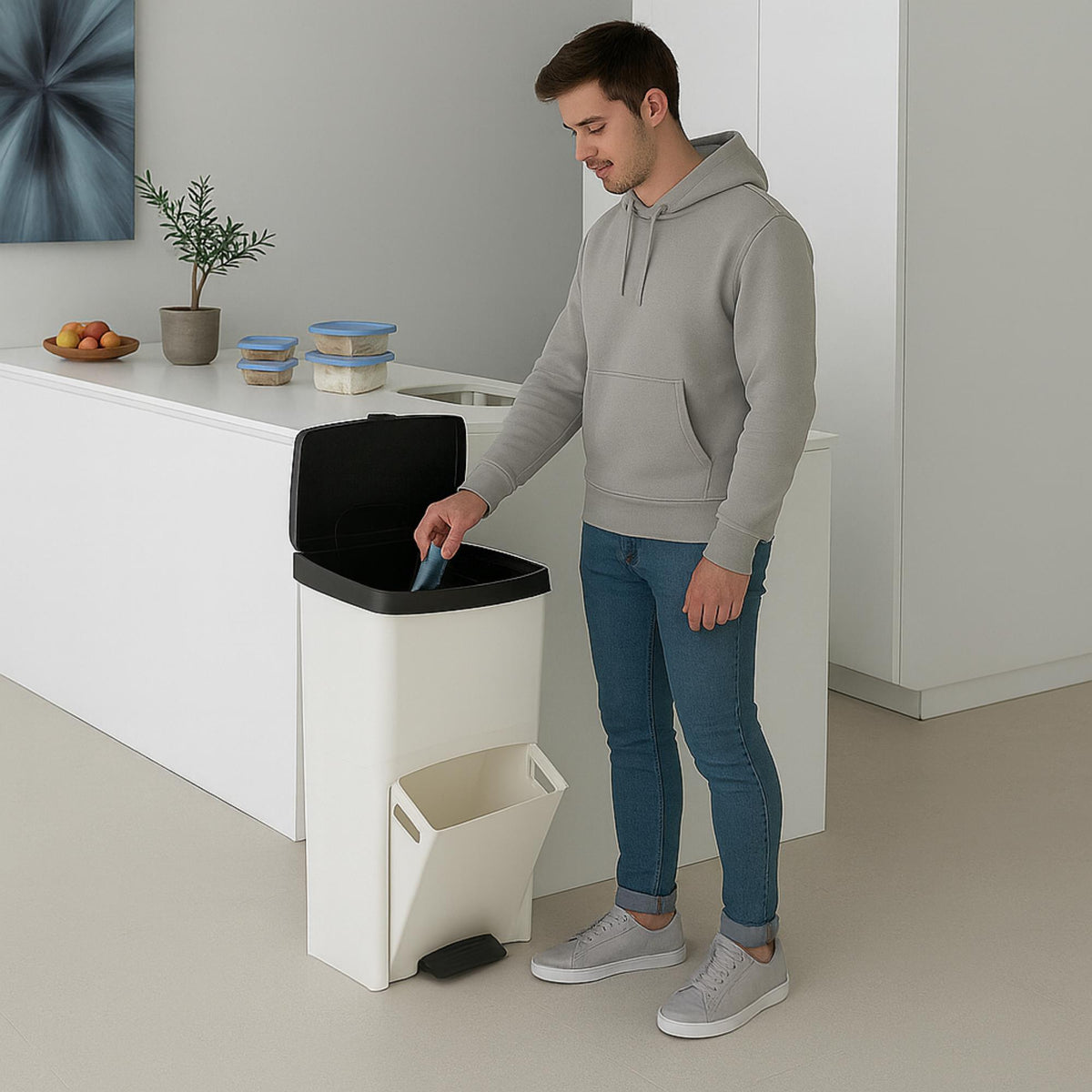 Cubo reciclaje 70L 2 compartimentos vertical Blanco 76cm (3)