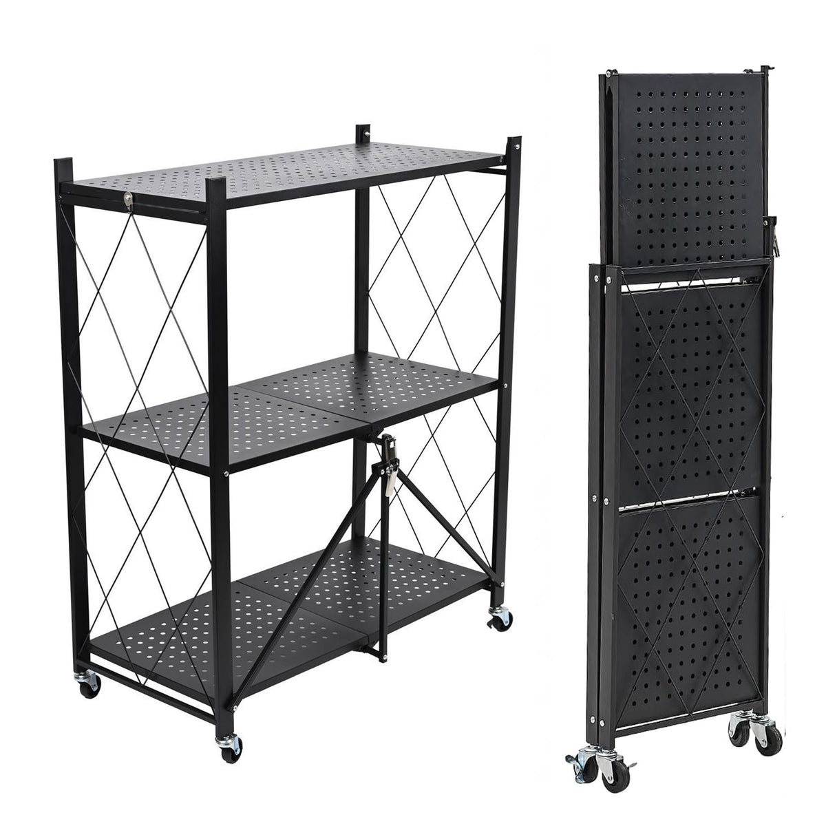 Estantería plegable 3 estantes ruedas sin montaje Negro
