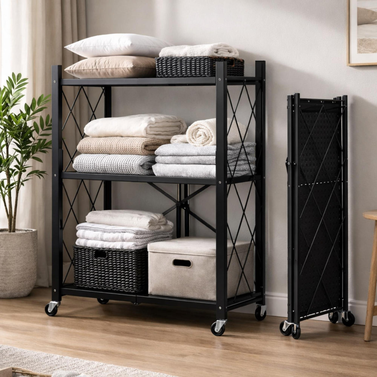 Estantería plegable 3 estantes ruedas sin montaje Negro (14)