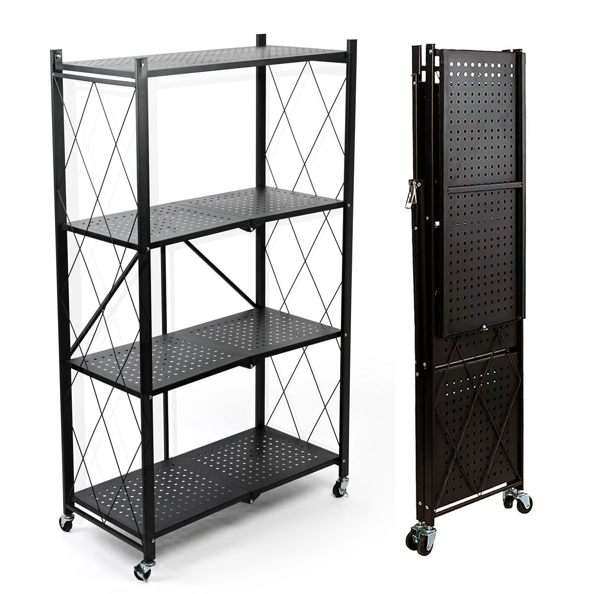 Estantería plegable 4 estantes ruedas sin montaje Negro