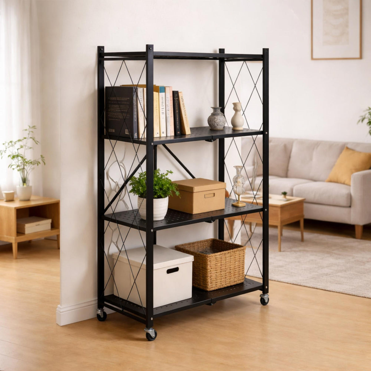Estantería plegable 4 estantes ruedas sin montaje Negro (4)