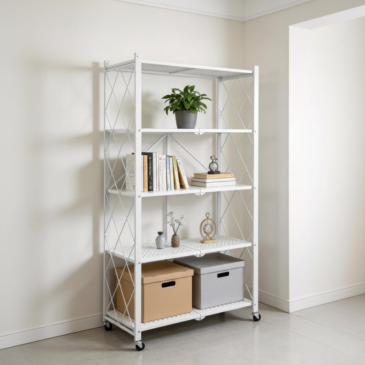 Estantería plegable 5 estantes ruedas sin montaje Blanco (4)