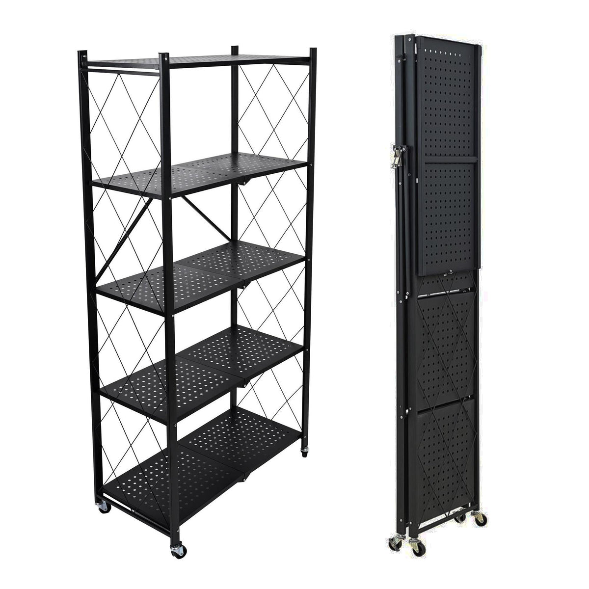 Estantería plegable 5 estantes ruedas sin montaje Negro